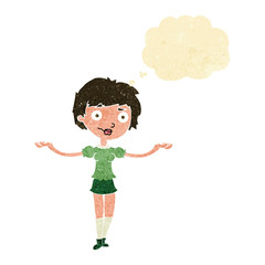 cartoon woman spreading arms with thought bubble