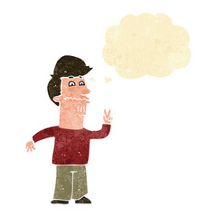 cartoon man giving peace sign with thought bubble