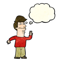 cartoon man giving peace sign with thought bubble