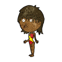 cartoon woman in swimsuit shrugging shoulders