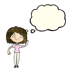cartoon woman waving with thought bubble