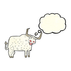 cartoon hairy cow with thought bubble