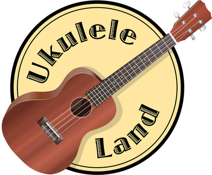Ukulele on background, similar to a logo and sign.