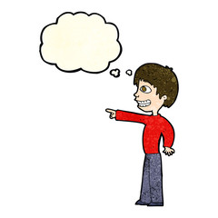 cartoon grinning boy pointing with thought bubble