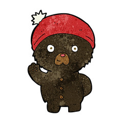 cartoon waving black teddy bear in winter hat