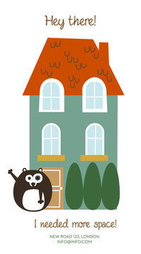 We've Moved Card. Bear And His New House. Vector Design.