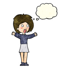 cartoon worried woman with thought bubble