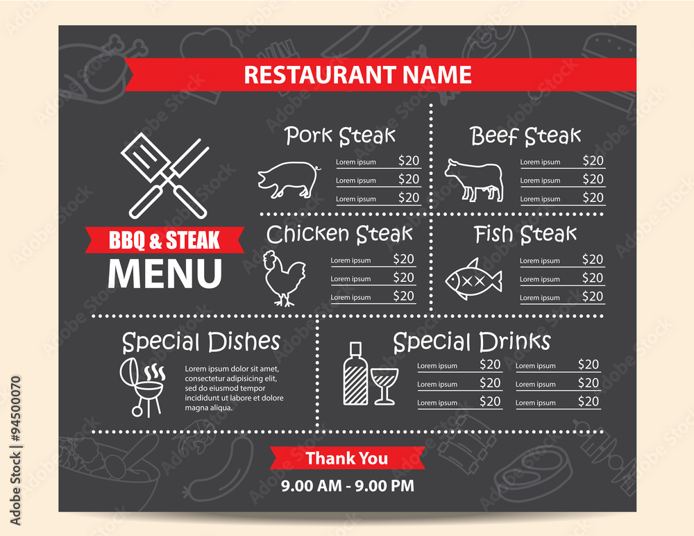 Wall mural Restaurant BBQ steak menu design