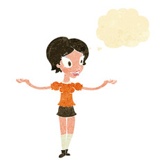 cartoon woman with arms spread wide with thought bubble