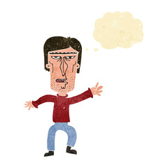 cartoon angry man waving warning with thought bubble