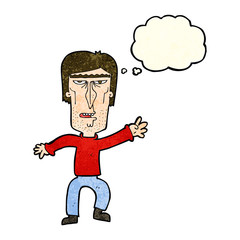 cartoon angry man waving warning with thought bubble