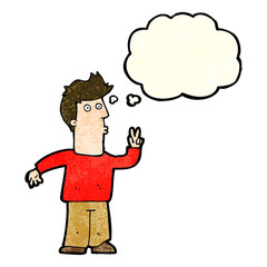 cartoon man giving peace sign with thought bubble