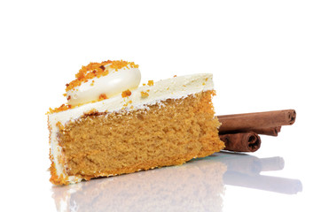 slice of pumpkin cake isolated on white background