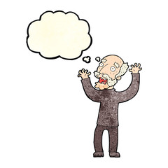 cartoon terrified old man with thought bubble