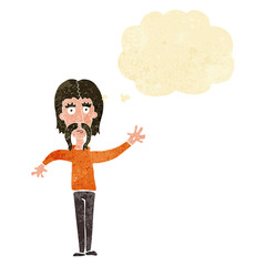 cartoon waving man with mustache with thought bubble