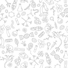Obraz premium Seamless background with hand drawn icons on the theme of biology,dark outline on a light background 
