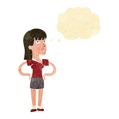 cartoon woman with hands on hips with thought bubble
