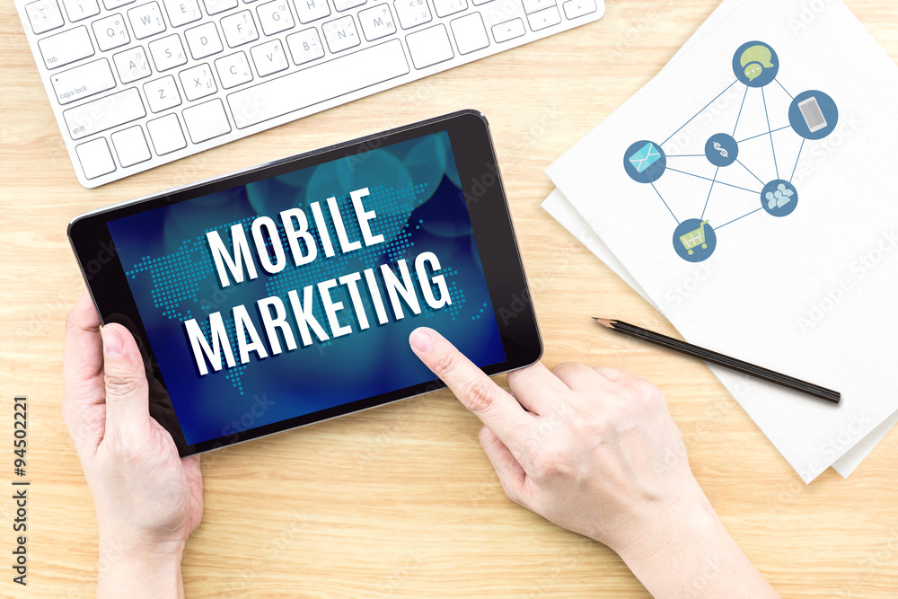 Poster finger touch screen with mobile marketing word with keyboard and