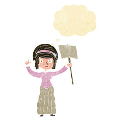 cartoon vicorian woman protesting with thought bubble