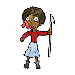cartoon woman with spear sticking out tongue