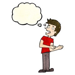 cartoon man making excuses with thought bubble