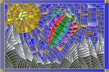 Winter landscape in the stained glass style hot air balloon on the background of sky, sun and snow-capped mountains