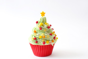 Christmas tree cupcakes white background