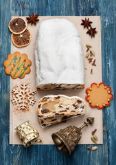 Christmas cake  Stollen. top view, vertical