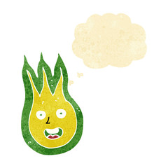 cartoon friendly fireball with thought bubble