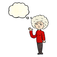 cartoon annoyed old woman waving with thought bubble