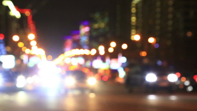 Defocused view at evening former Kalininsky prospect traffic, Moscow, Russia  