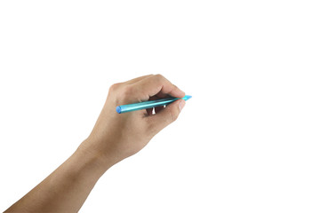 Blue pen in hand on white background.
