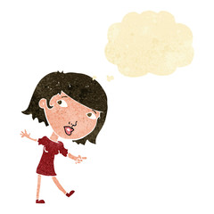 cartoon happy girl gesturing to follow with thought bubble