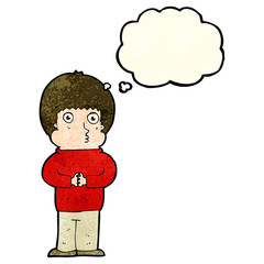 cartoon shy boy with thought bubble