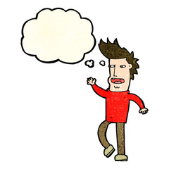 cartoon loudmouth man with thought bubble