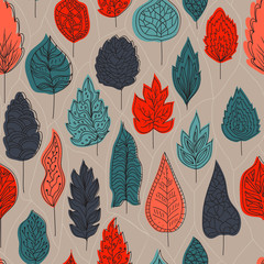 Seamless pattern with colored autumn leaves  on a pastel background. Bright color. Vector illustration
