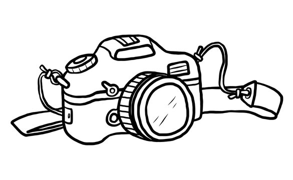 camera / cartoon vector and illustration, black and white, hand drawn, sketch style, isolated on white background.