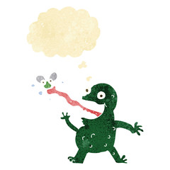 cartoon frog catching fly with thought bubble