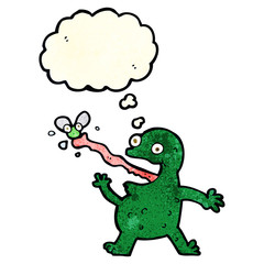 cartoon frog catching fly with thought bubble