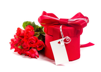 Valentine gift box and red roses bouquet, isolated on a white ba