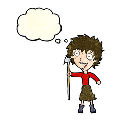 cartoon crazy woman with spear with thought bubble