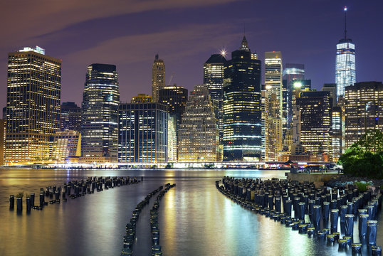 Manhattan waterfront at night, NYC, USA.