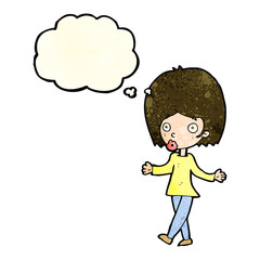cartoon confused woman with thought bubble