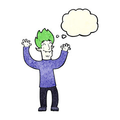 cartoon happy vampire man with thought bubble