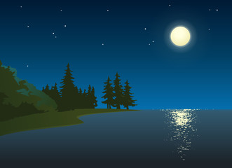 The moonlight on the sea. Cartoon style. Vector illustration of the seashore at night, with forest, stars and a bright harvest moon in the background. Empty space for design elements or text.