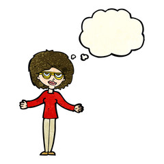 cartoon woman wearing spectacles with thought bubble