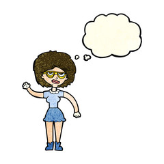 cartoon waving woman wearing spectacles with thought bubble