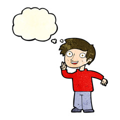 cartoon boy posing for photo with thought bubble