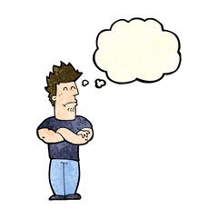 cartoon sulking man with thought bubble