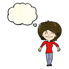 cartoon woman shrugging shoulders with thought bubble